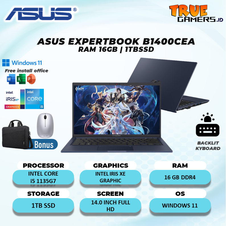 Laptop Asus Expertbook  B1400Ceae i5 1135G7 16GB 1TBSSD W11 14.0FHD