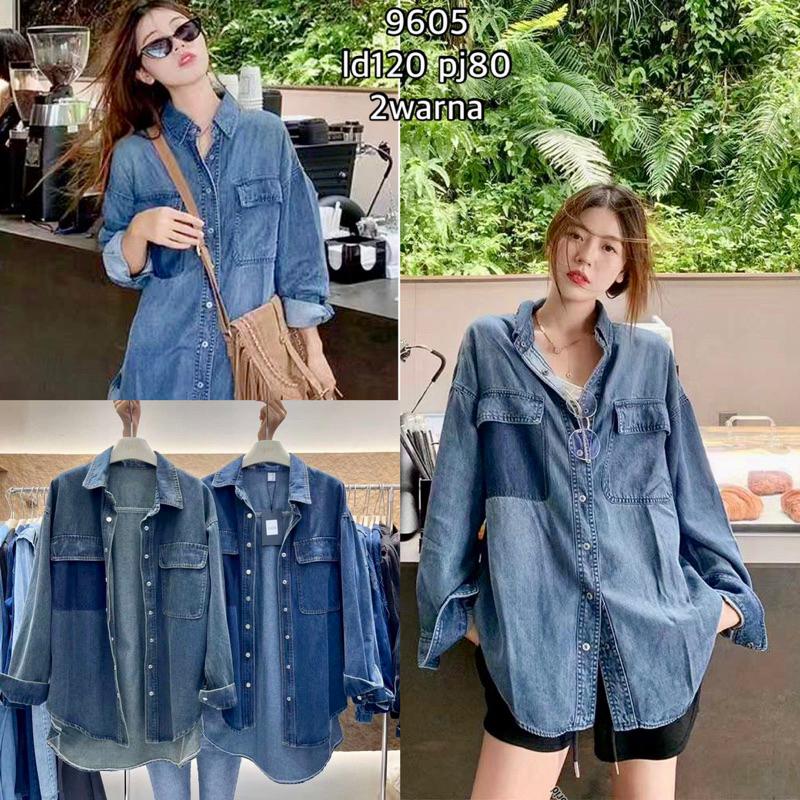 KEMEJA ATASAN WANITA DENIN JEANS BUMIL BUSUI FRIENDLY POLOS DENIM MOTIF GARIS IMPORT BANGKOK