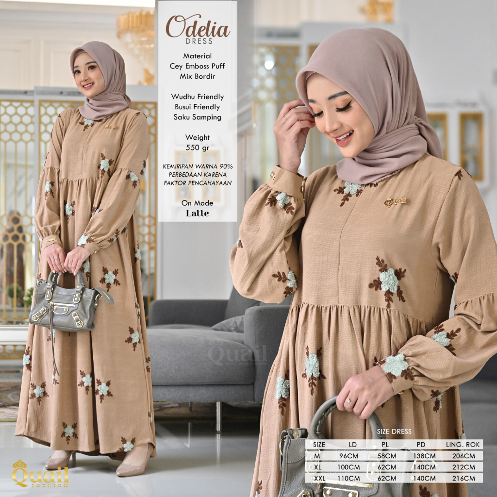 ODELIA DRESS Gamis Cey Emboss Puff by Quail Hijab Ori Murah