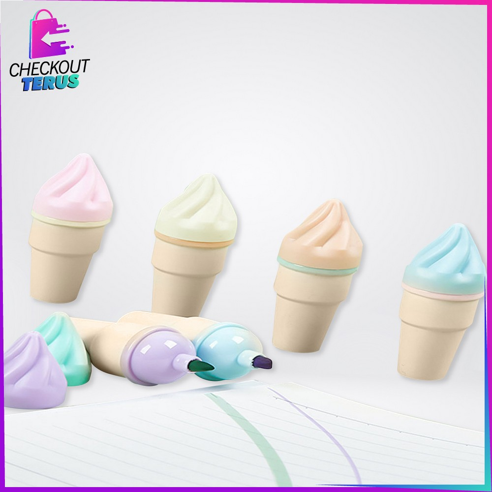 CT A57 Highlighter Pen Es Krim Cone Monas Unik 6IN1 Free Pouch Stationery Alat Tulis Kantor Penanda Berwarna Spidol Highlighter Ice Cream Cone