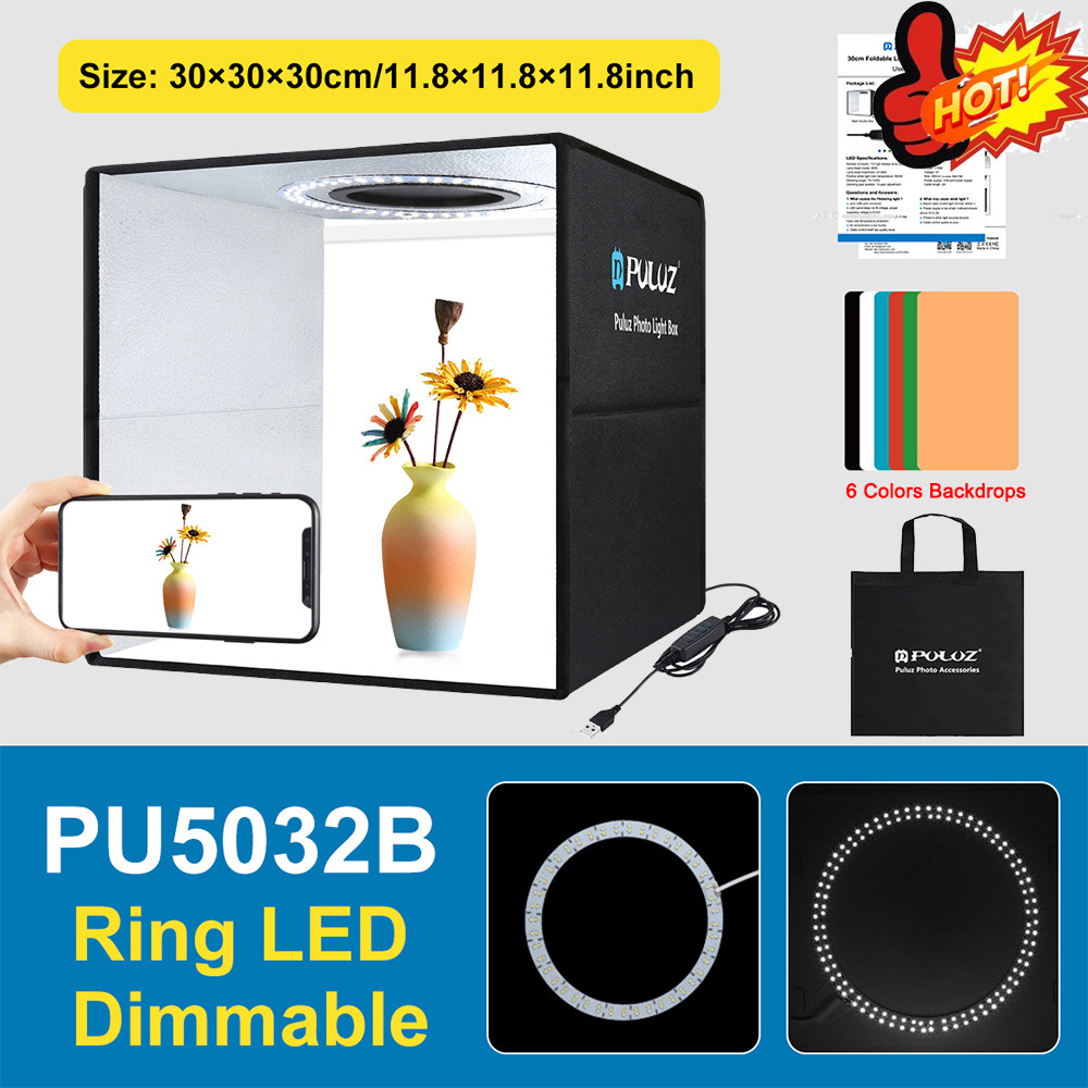 PULUZ Photo Studio Mini Softbox Ring Light with 6 Backdrop 30 x30 x30 cm - PU5 - Black