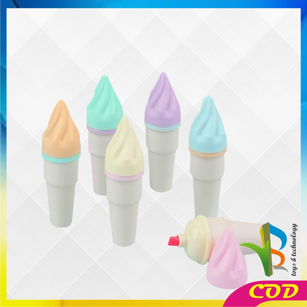 RB-A57 Highlighter Pen Es Krim Cone Monas 6 in 1 Free Pouch Penanda Berwarna / Spidol Highlighter Model Ice Cream Cone Unik Alat Tulis kantor Stationery