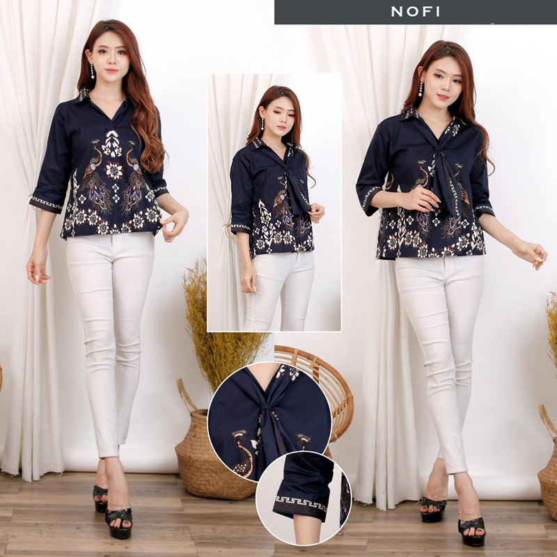 Evercloth Nofi Blouse Wanita Atasan Wanita Batik Couple Top Couple Batik Kemeja Dasi