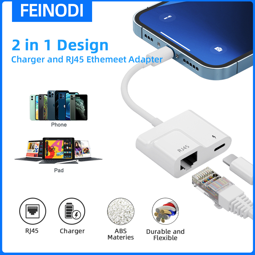 FENODI Lighting to RJ45 Ethernet adapter/Dongle,Pad to lan wired network cable with power charging port,phone to Ethernet hub/connector Support 100Mbps internet/POS System  Compatible with Phone 14/13/12 Pro/11 Pro/SE/X XR XS 8 7 [No Need APP]