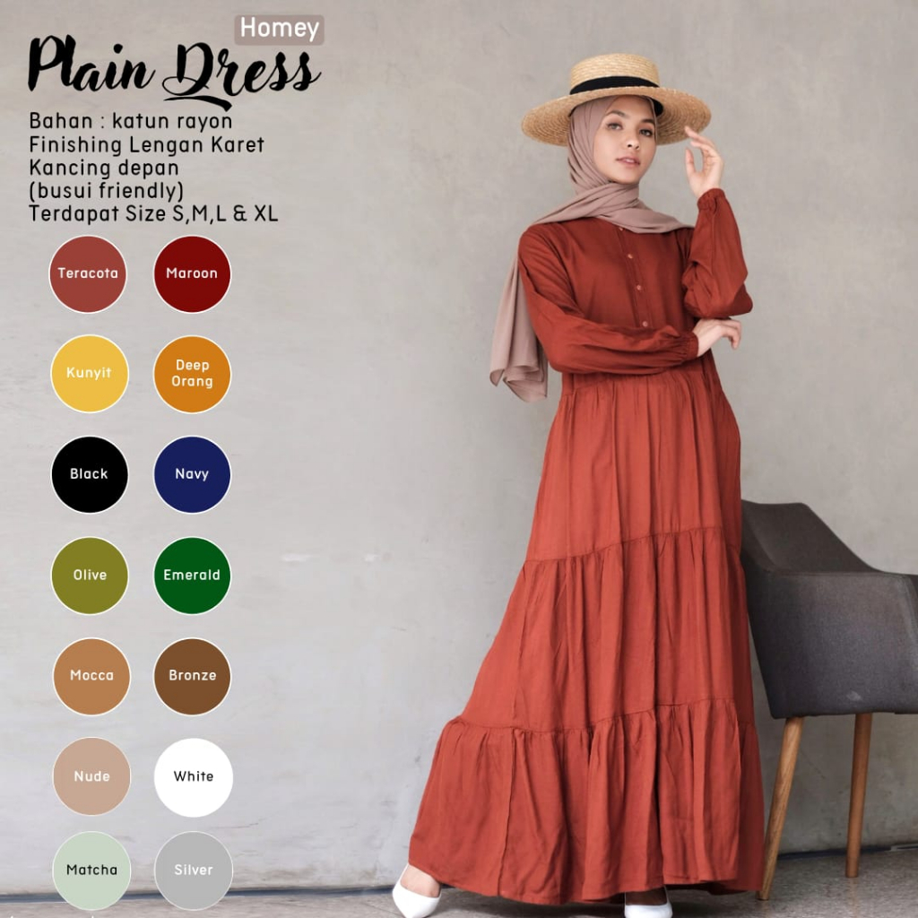 TERLARIS!! BISA COD - HOMEY DRESS WANITA  GAMIS POLOS / PLAIN BEST SELLER  BAHAN KATUN RAYON PREMIUM
