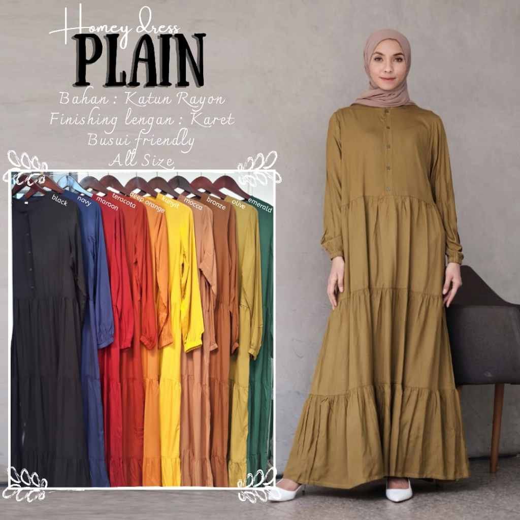 TERLARIS!! BISA COD - HOMEY DRESS WANITA  GAMIS POLOS / PLAIN BEST SELLER  BAHAN KATUN RAYON PREMIUM