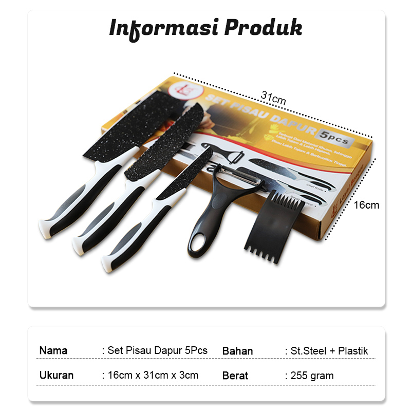 Set Pisau Dapur 5 pcs in 1 Bahan Stainless Steel Tajam | Peeler | Pisau Sayur | Pisau Daging Perlengkapan Dapur Rumah Tangga Import - J13 - 88Blanketstore