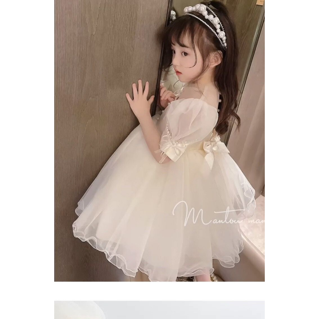 Dress Anak Perempuan Fashion Import Cream Lace Transparant Pita Mutiara