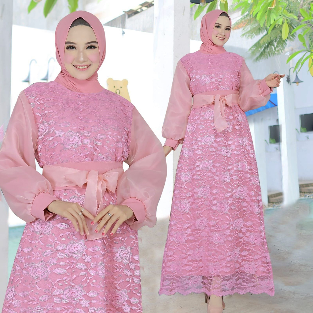 ALMIRAH 9 - Maxy Andini ( L - XL ) Gamis Bahan Brukat Lapis Moscrepe, Aplikasi Di Lengan Organza + Belt