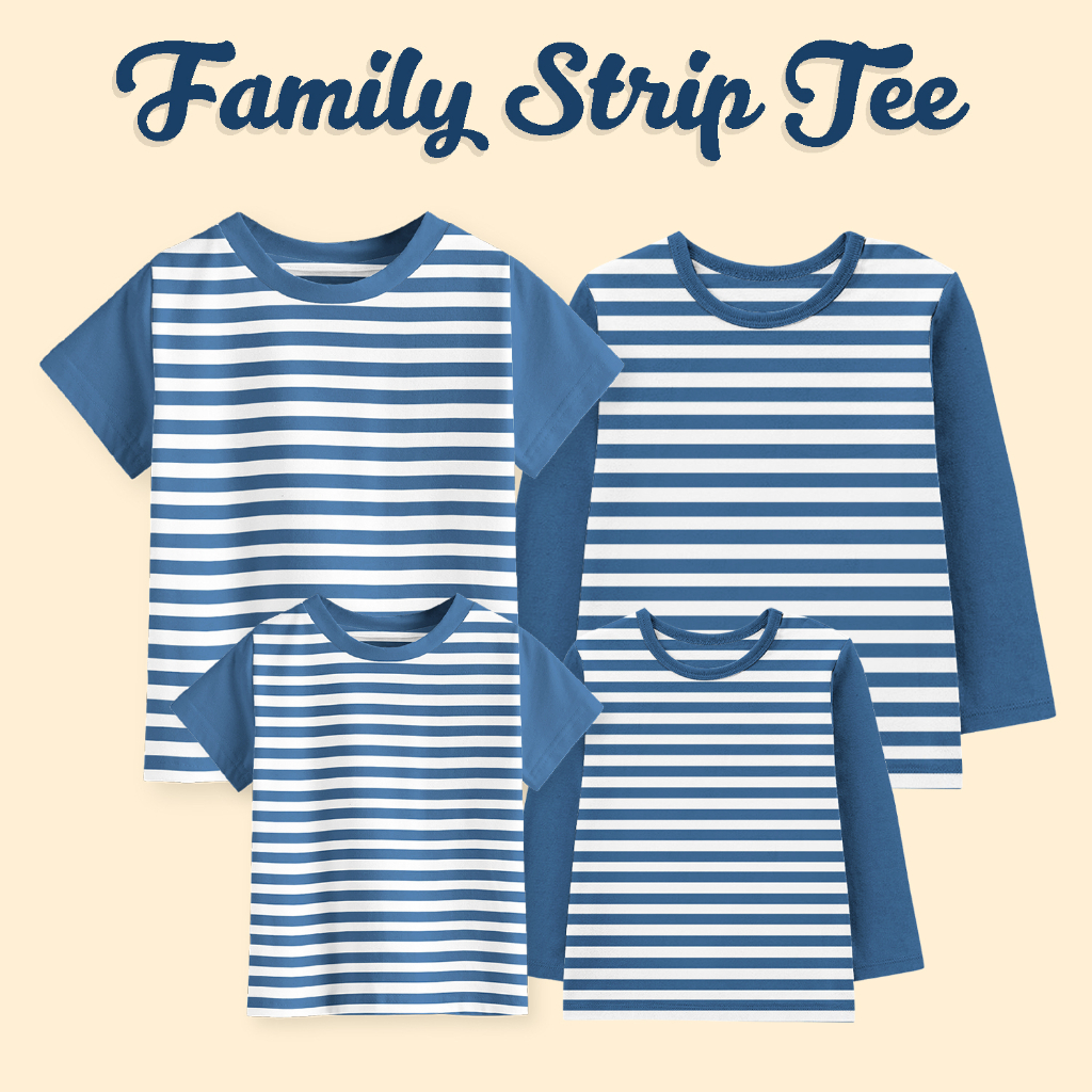 Kaos Salur Strip Keluarga Kaos Family Couple Terbaru Lengan Panjang Lengan Pendek Anak Dewasa Couple Tee Deep Blue