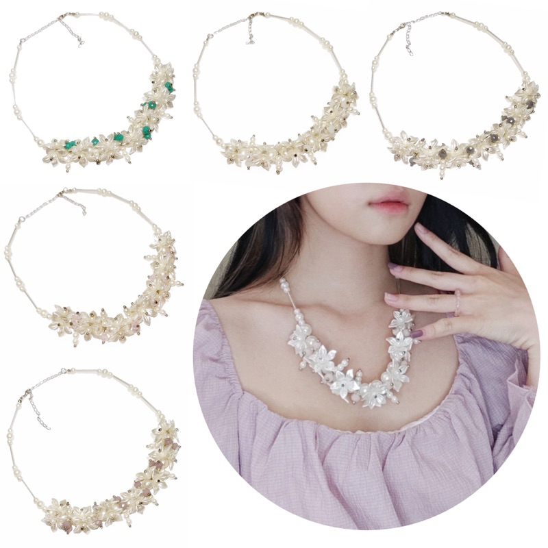 Ellery Flowery Crystal Pearl Necklace Kalung Panjang Hijab Bunga Kristal Mutiara