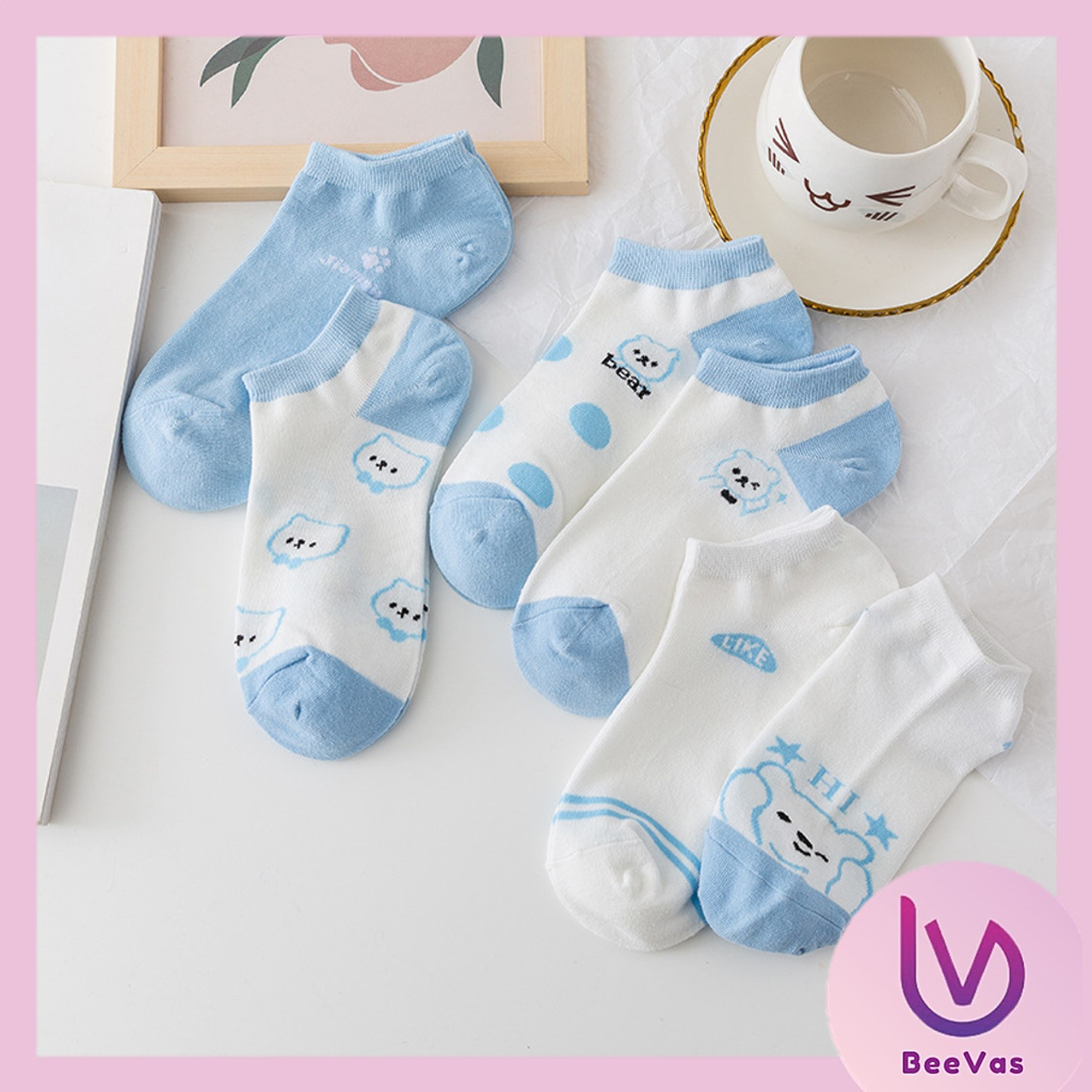 BV.ID KK1225 Kaos Kaki Pendek Motif Beruang Biru Kaus Kaki Wanita Fashion Korean