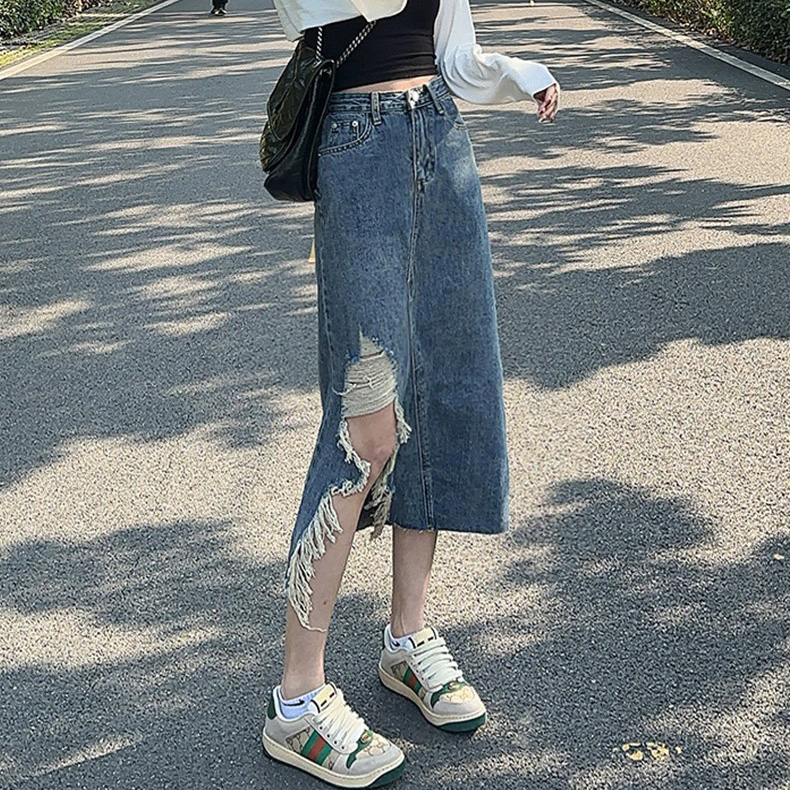 Biru Highwaist Fashion Rok Jeans Kasual Rawis RoK A-Line