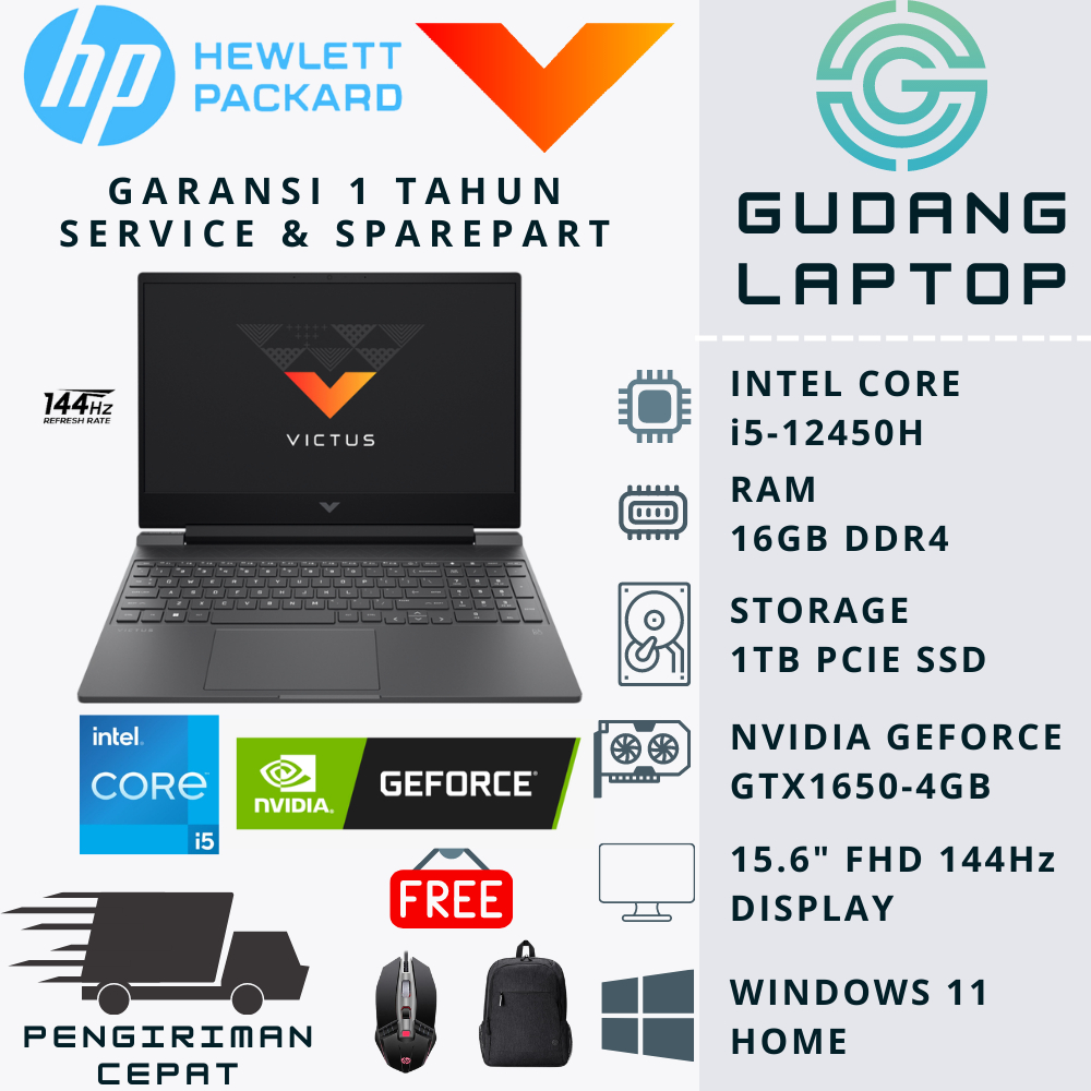 LAPTOP GAMING HP VICTUS 15 i5 GEN 12 16GB RAM 512GB 1TB SSD RTX3050Ti 144Hz WIN11