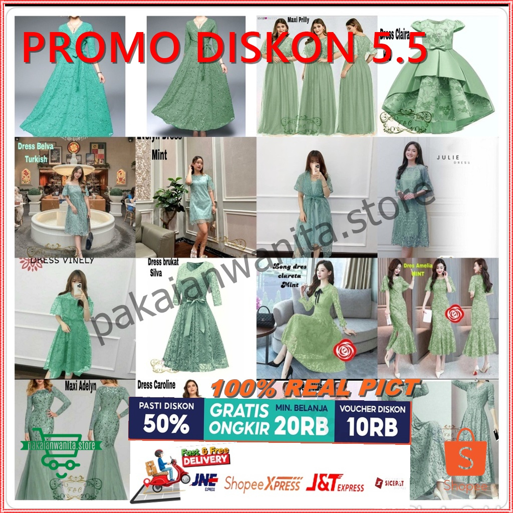 COD - EDISI IJO BOTOL BAJU DRESS PANJANG ELEGAN MODERN PESTA NATAL KOREA  GREEN DRESS SABRINA BROKAT