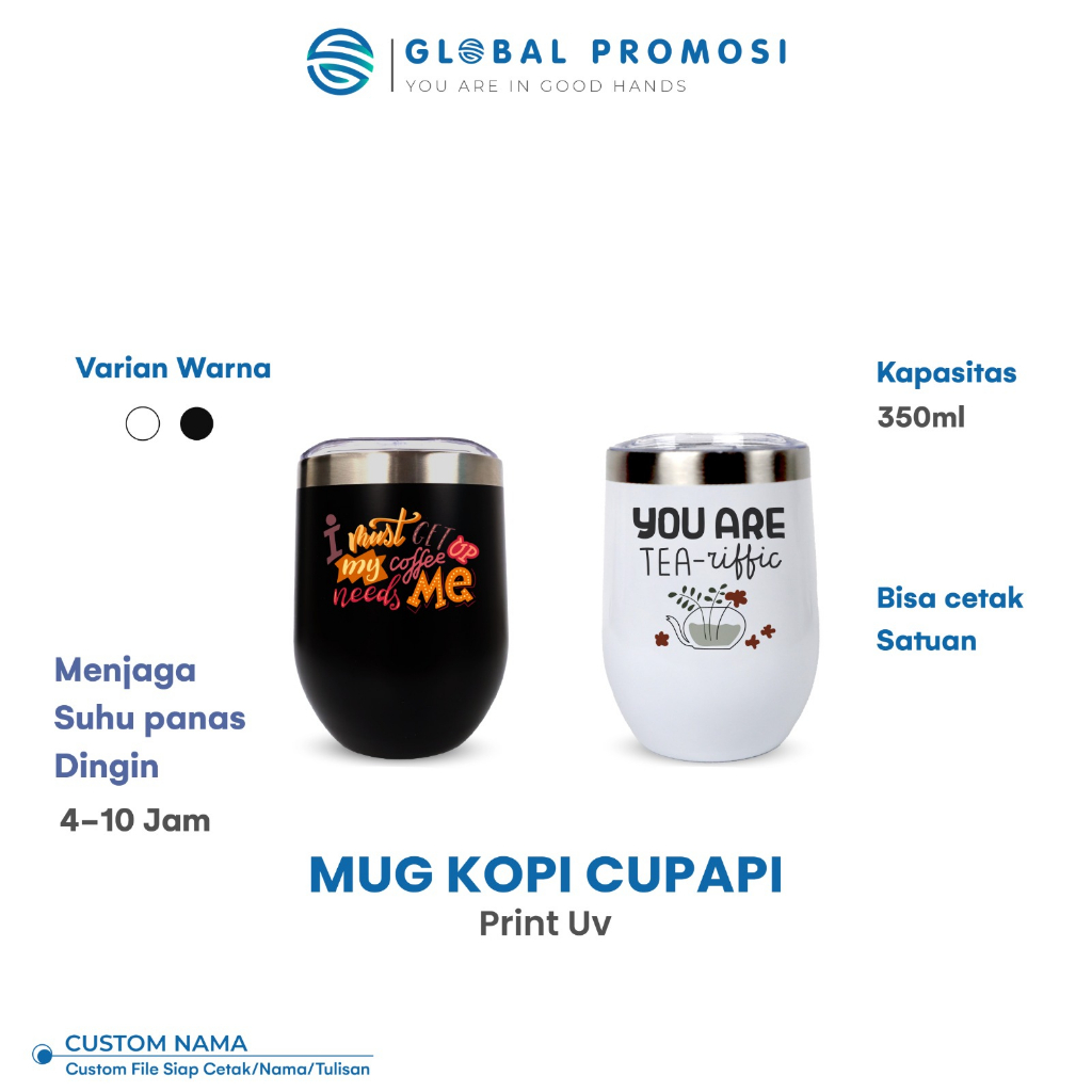 Gelas Mug Kopi Cupapi  HITAM Custom Stainless Steel Print UV Cetak Full Color Design Bebas Nama/Logo/Karakter Souvenir Corporate Satuan