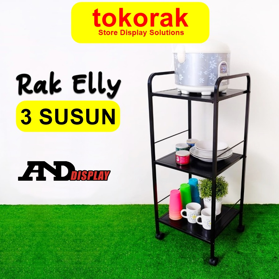 RAK ELLY 3 SUSUN HITAM PLUS RODA RAK PENYIMPANAN DISPENSER MAGIC COM SERBAGUNA ANDDISPLAY