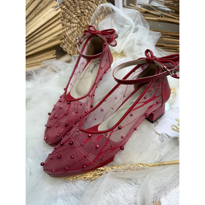 sepatu wanita Levina merah Marron pita 5cm tahu