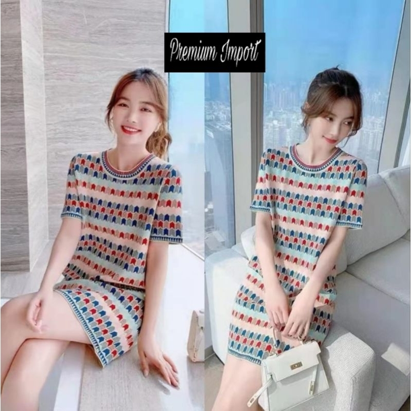 ⚡️ CLEARANCE SALE ❤️ PREMIUM IMPORT ❤️ READY ! ZIG ZAG RAINBOW PATTERN COLORFULL GLITTERY KNIT LOOSE MINI DRESS