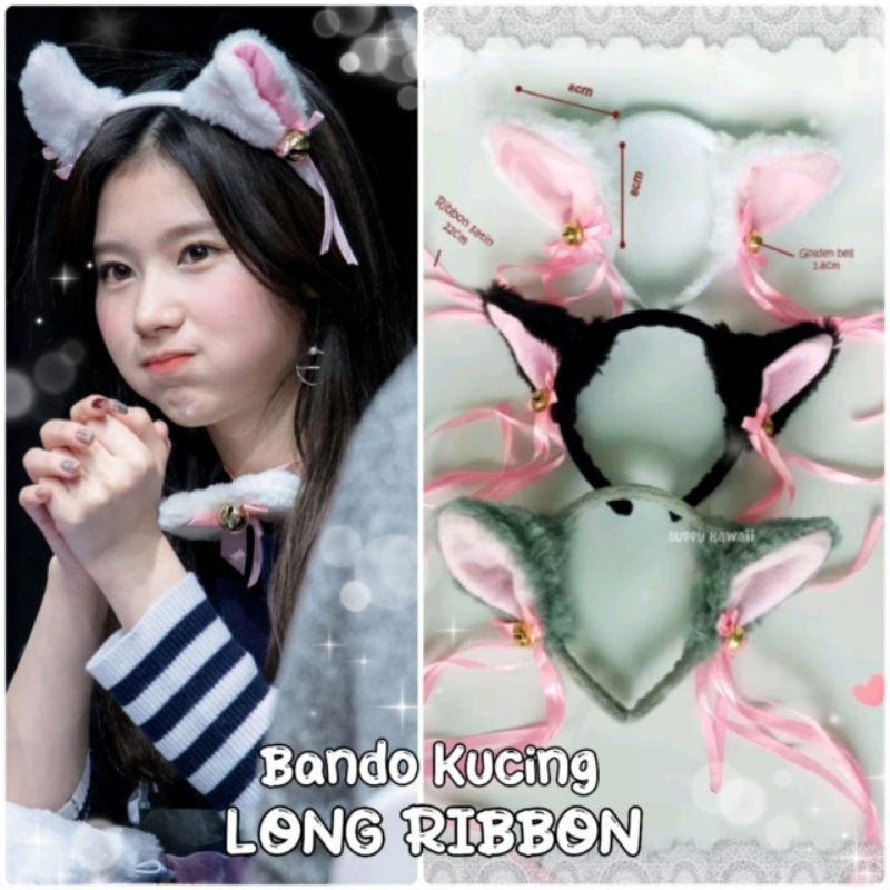 Bando karakter kucing cosplay lolita long ribbon pink golden bell kawaii cute fluffy cosplay anime