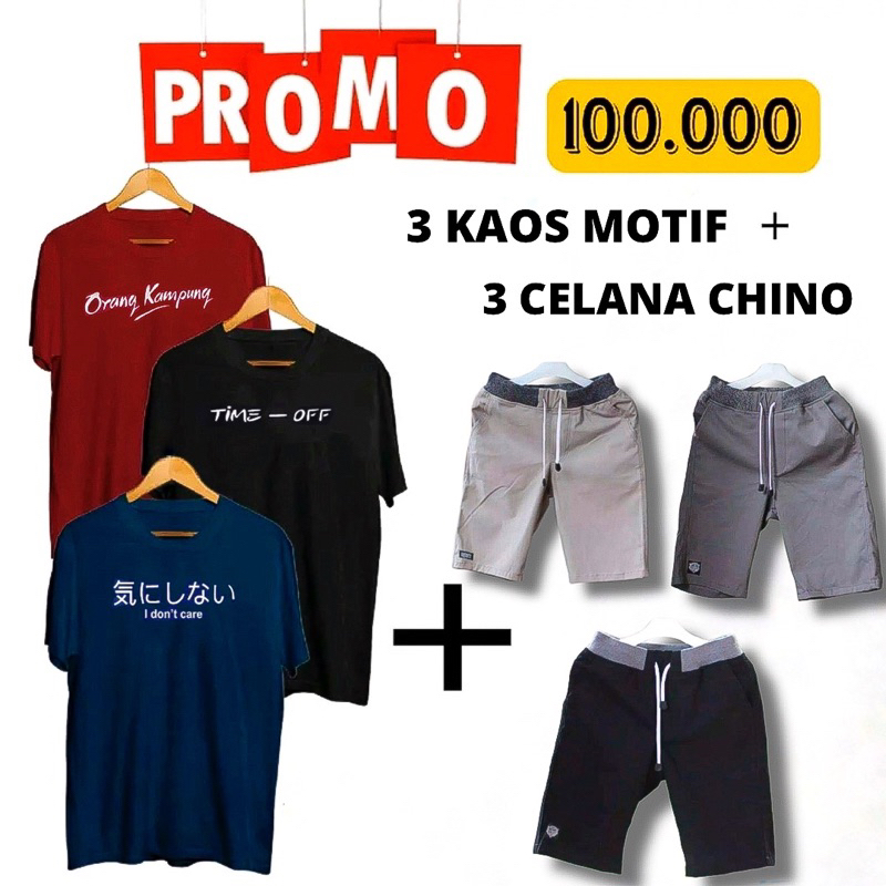 PAKET HEMAT 100RB DAPAT 3 KAOS+3 CELANA PENDEK CHINOS PRIA DAN WANITA