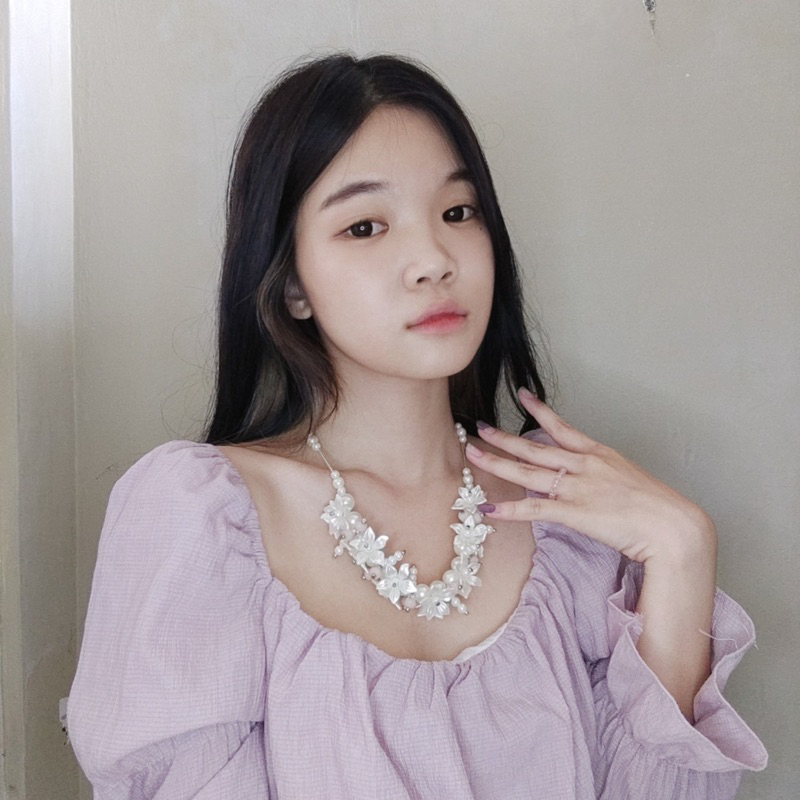 Ellery Flowery Crystal Pearl Necklace Kalung Panjang Hijab Bunga Kristal Mutiara