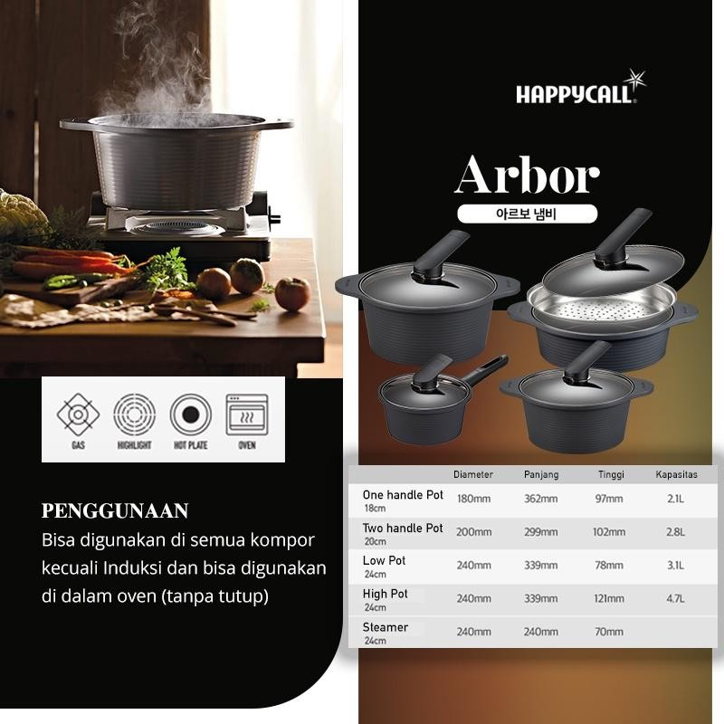 Happycall Arbor Pot 20cm High Grey + Glass Lid Happy Call Panci Korea