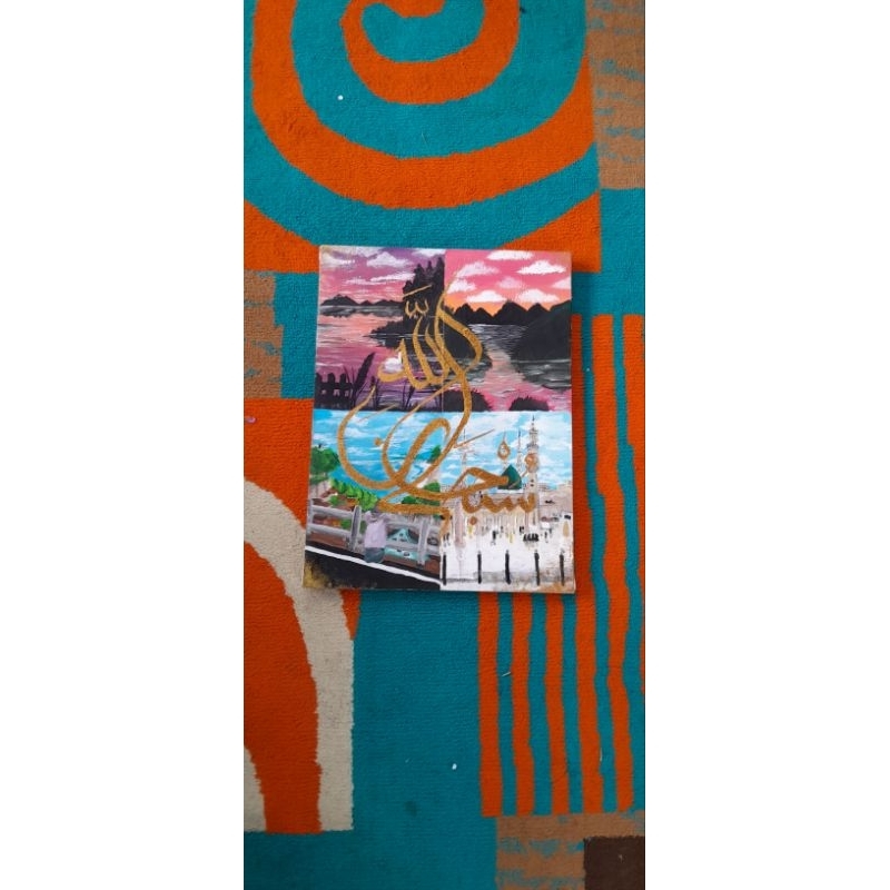 lukisan tangan dari cat akrilik di atas kanvas. kaligrafi alhamdulillah