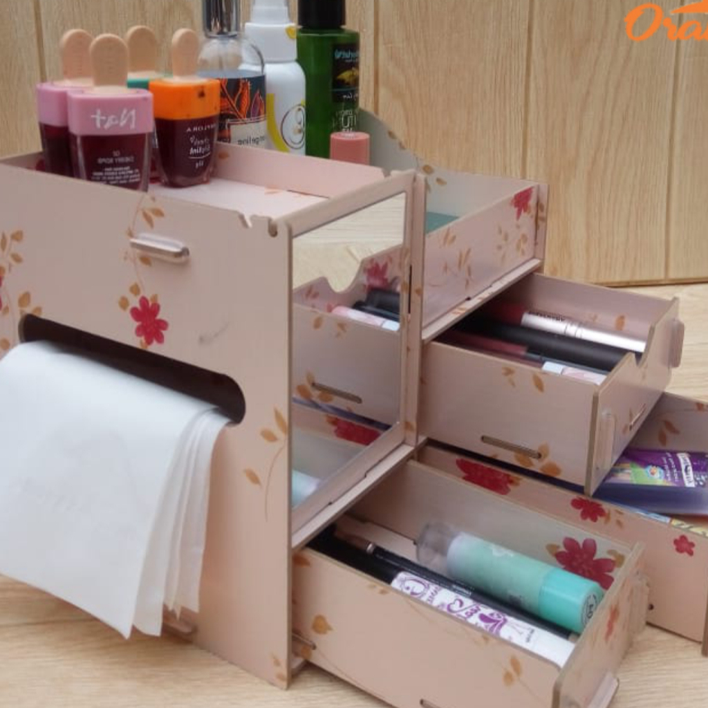 Rak Kosmetik Mini Cosmetic Storage Mini Kotak Penyimpanan Makeup Rak Mini Bahan Kayu Lengkap Dengan Cermin