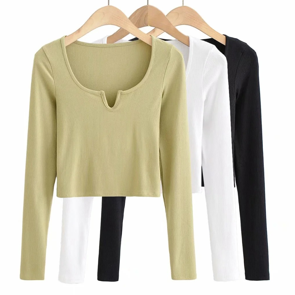 TJM BJ383 Crop Top Long Sleeve Kaos Crop Top Lengan Panjang Scoop Neck Rib-knit