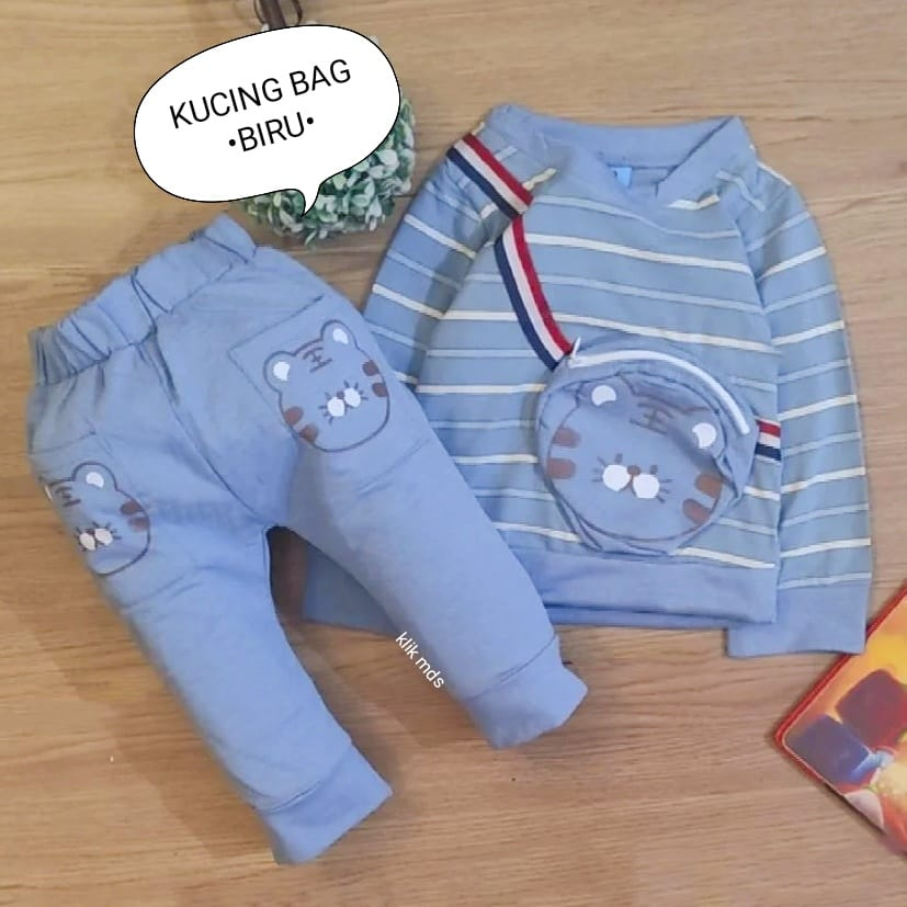 Setelan Anak Cowok - Baju Bayi Laki - Laki Model Sweater Tangan Panjang Celana Panjang Motif Kucing Bag Usia 6 Bulan-4 Tahun