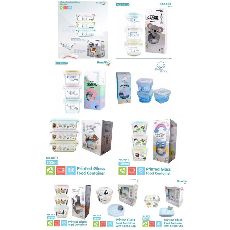 Kandila Bebewawa Glass Food Container 180ml 200ml KDL027-2 KDL027-3  KDL027-4 Box Wadah Simpan MPASI Bayi bahan Kaca + Penggaris Ukur Ml Takaran