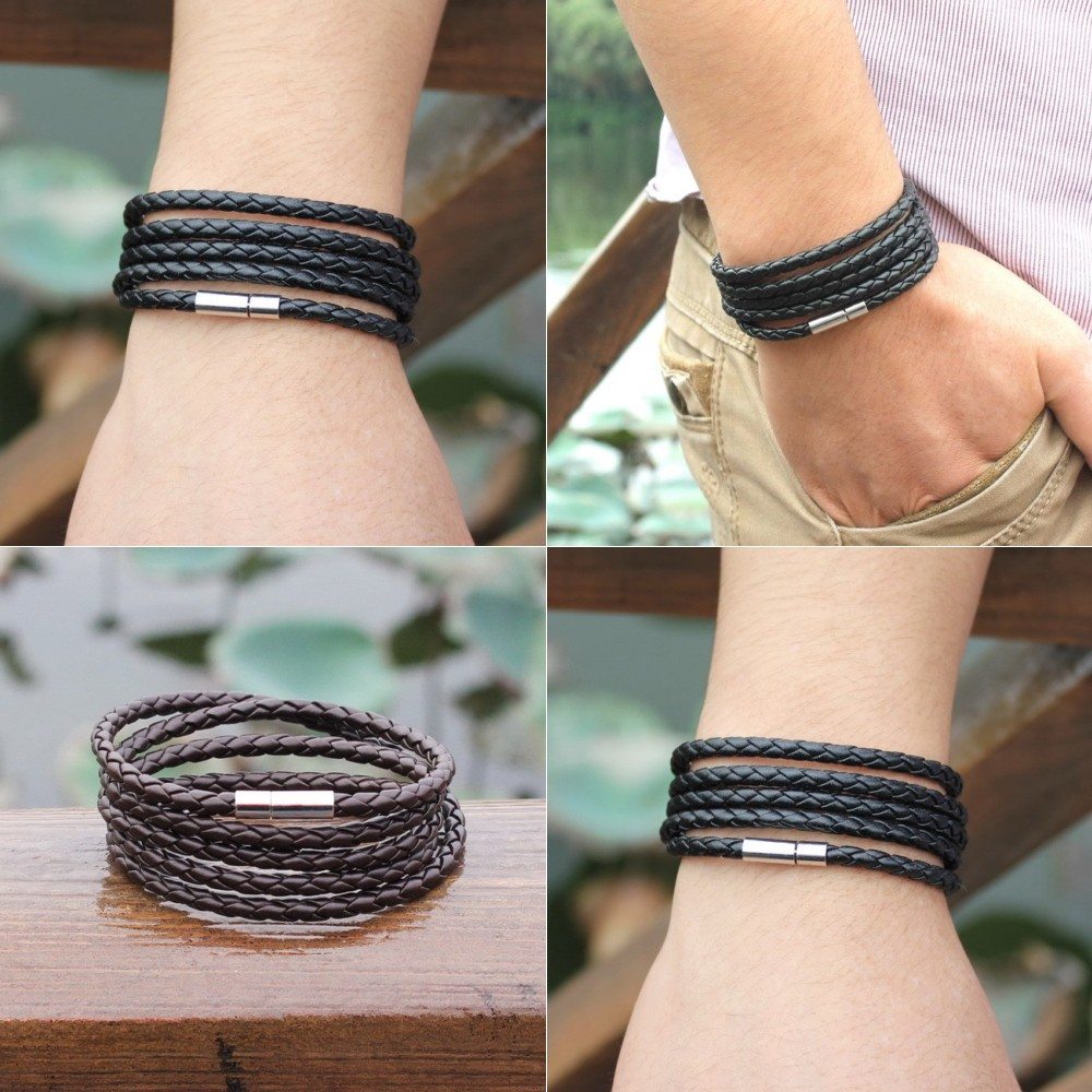 Gelang Tangan Braided Pria Wanita Kulit Bram Magnetic Leather Bracelet Tali Kulit Unisex