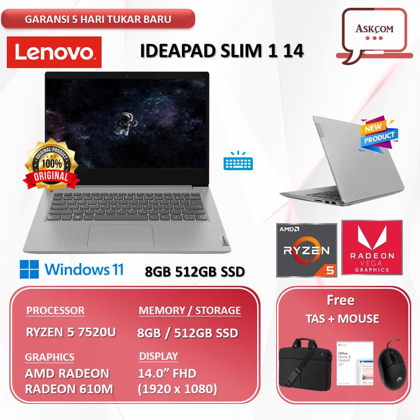 Laptpop Lenovo Ideapad Slim 1 14 RYZEN 5 7520U RAM 8GB 512GB SSD RADEON 610M OHS 14.0FHD W11