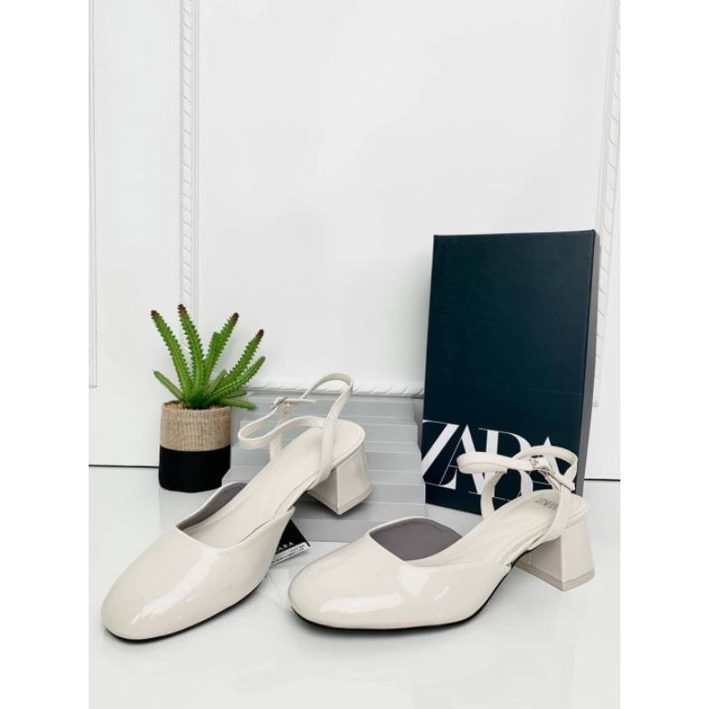 Sepatu Wanita Hak Tahu Import ZS525 Zara White Block Heels Shoes