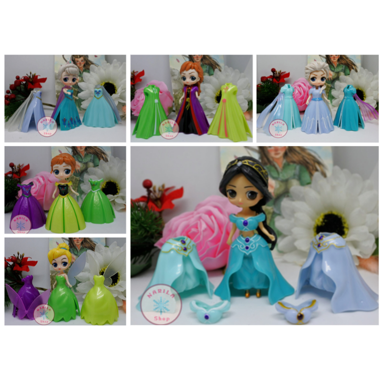 Figure Disney Princess Clip On Ganti Baju Mini elsa anna Tinkerbell Jasmine Figure set satuan