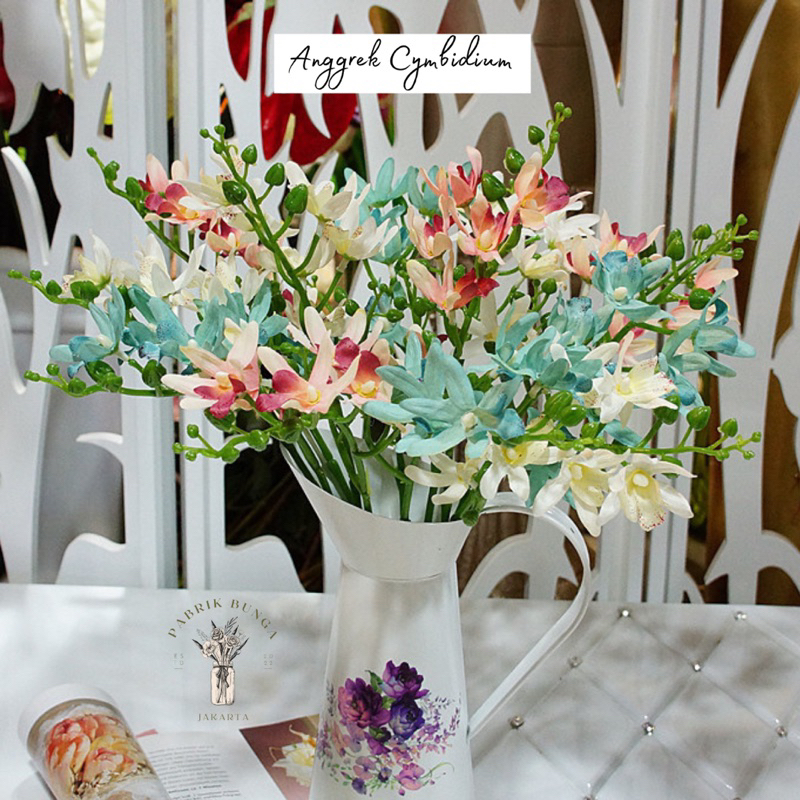 COD (1 Tangkai) Bunga Anggrek Cymbidium Latex Premium Artificial / Bunga Cymbidium Orchid 6 Kuntum P