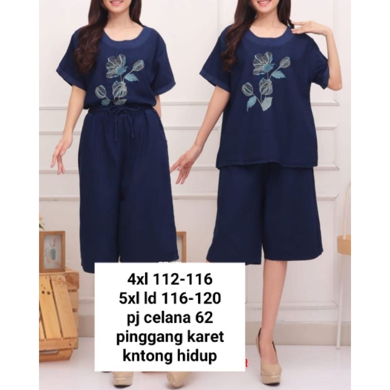 Setelan jeans jumbo list pita bordir wanita cantik kulot