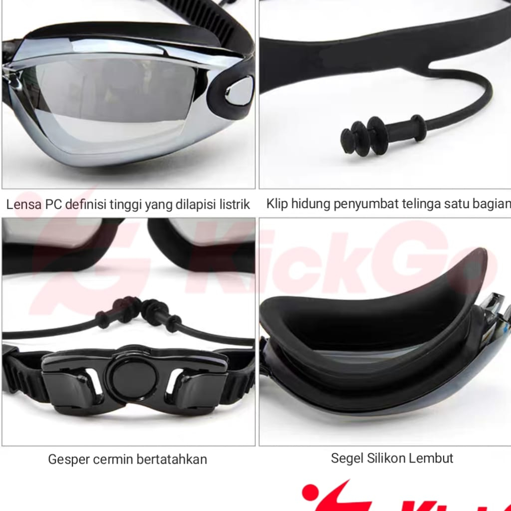 KickGo Kacamata Renang Penutup Telinga Dewasa Remaja Swimming Goggles UV Protection Anti Kabut Fog Warna Hitam Biru Pink