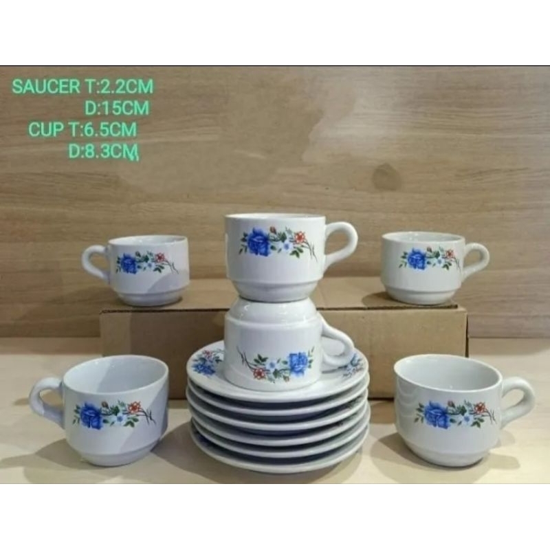 CANGKIR ; MOTIF BUNGA ROS BAHAN KERAMIK SET 12 PCS ( 6 GELAS GELAS DAN 6 TATAKAN) SET GELAS KADO GEL