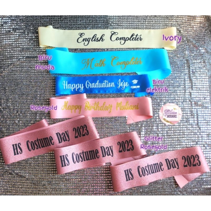 ( 1 Hari Jadi ) Selempang Glitter Custom BISA REQUEST tulisan double layered satin sash rosegold ula