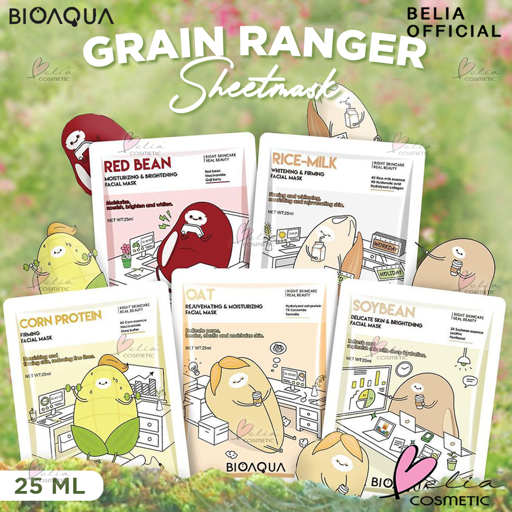 ❤ BELIA ❤ BIOAQUA Grain Ranger Sheet Mask | Cereal Sheet Mask Series | Face Mask 25ml Masker Wajah Glowing Rice-Milk/Oat/Red Bean/Com Protein/Soybean Whitening