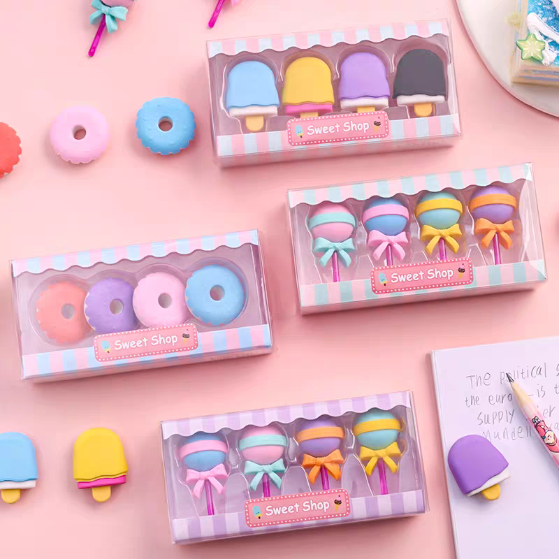 1 SET 4PCS - PENGHAPUS PENSIL KARET BESAR ALA ES CREAM CONE DONAT LOLLIPOP / PENGHAPUS ANAK / ERASER PEN