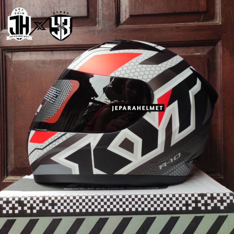Helm Full Face KYT R10 Motif Seri 5 Matt Gunmetal Red Fluo Doff Visor Dark Smoke Hitam Original | KY