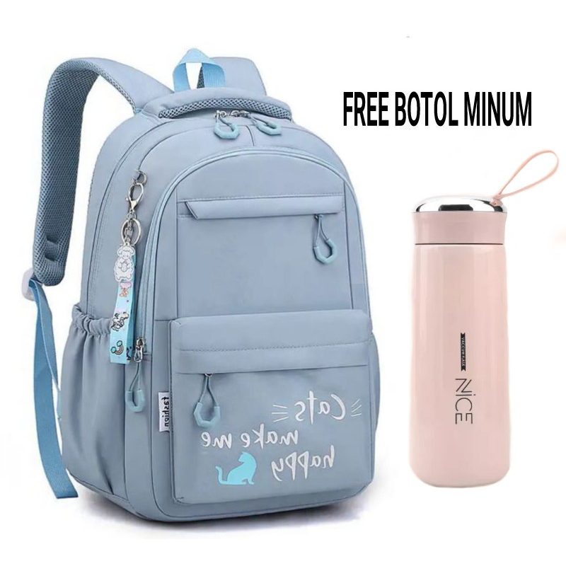 BPT Tas Ransel ''Cats Make Me Happy'' Backpack sekolah Weibo Unisex /Ransel Sekolah Kualiti SD SMP SMA FREE BOTOL KACA