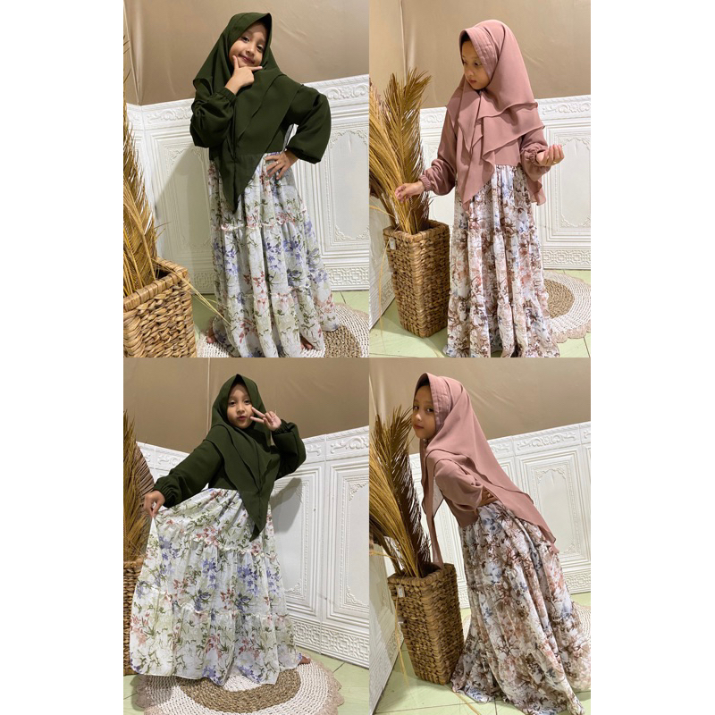 Gamis Anak Perempuan Kain Ceruty Babydoll Model Umpak dengan Kombinasi Motif V2