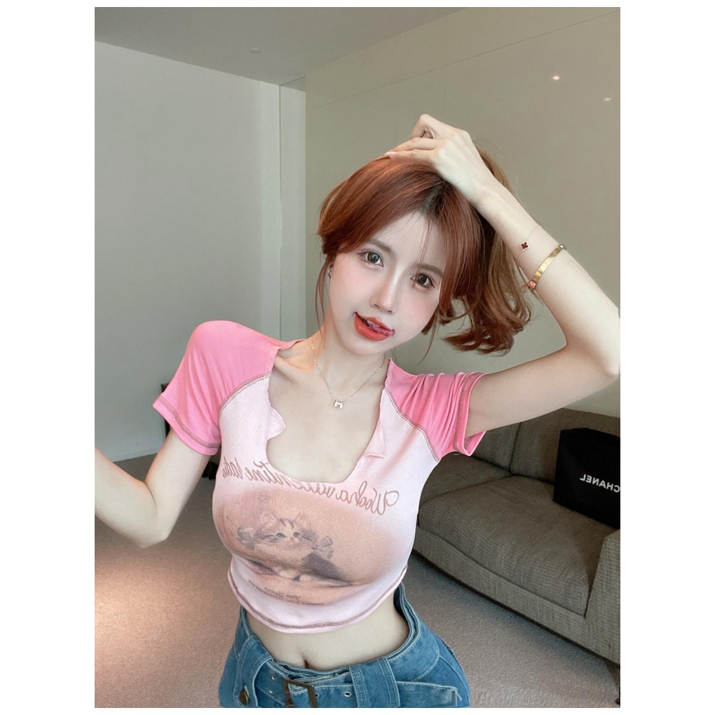 TJM BJ381 Crop Top Korean Cuties Cat T-shirt Baju Kaos Pendek Motif Kucing