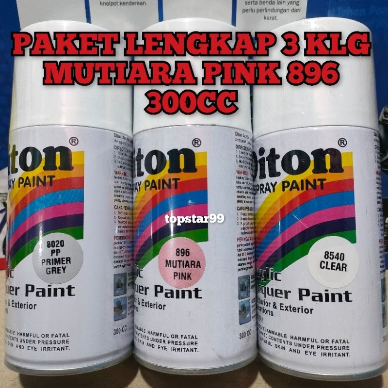 Pilok Cat Diton Paket Lengkap 3 Kaleng 300cc Pink Ping Mutiara 896 Primer Grey 8020 Clear Glosy 8540