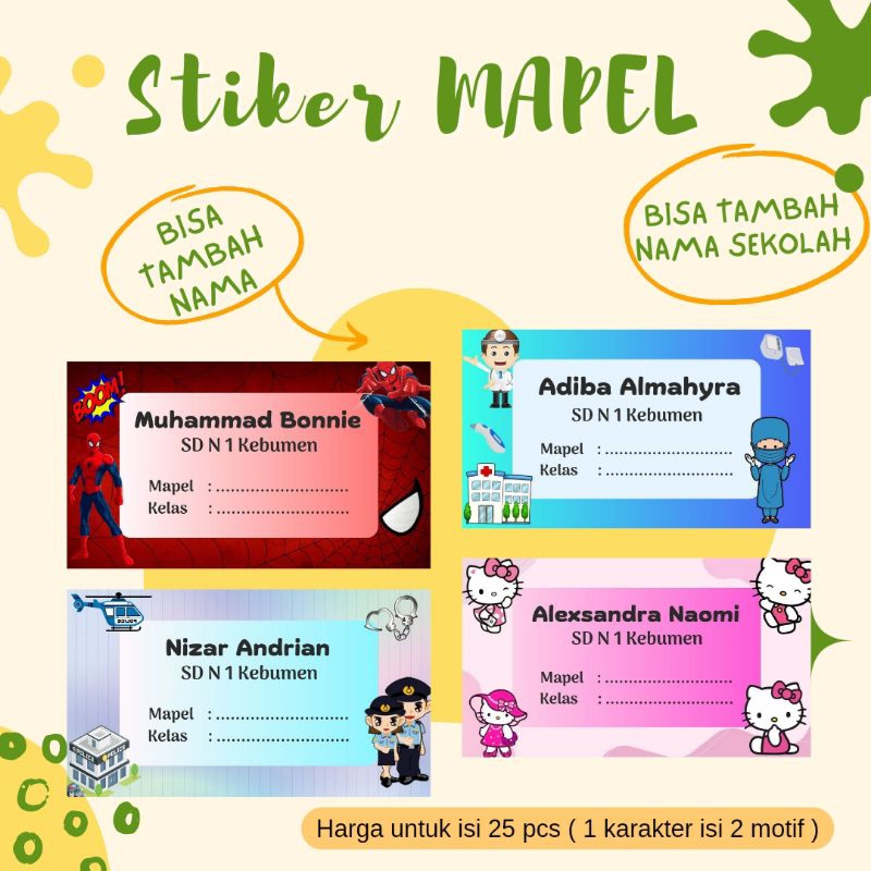 

50pcs stiker label mata pelajaran free tambah NAMA dan ALAMAT SEKOLAH