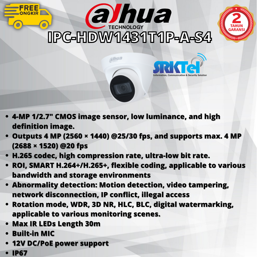 Dahua IPC-HDW1431T1-A-S4 Kamera IPcam 4MP Audio Mic Internal